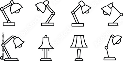 Eight different types of desk lamps with various and shapes in black and white line light lighting