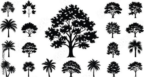 Large collection of black fish silhouettes featuring various ocean and freshwater species for seafood market and aquatic nature design.