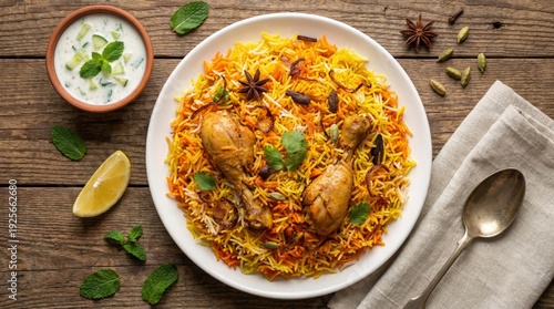 Pakistani chicken biryani overhead platter with raita, flat lay