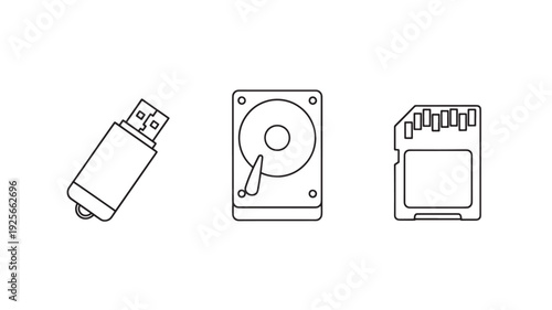 USB Drive, Hard Disk, and SD Card in Minimalist Line Art with Simple White Background for Tech Illustration