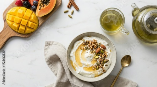 Healthy Desi breakfast flat lay with oats, nuts and green tea