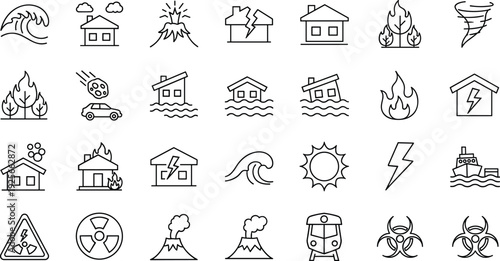 Natural disaster line icons set, emergency catastrophe symbols, flood earthquake and fire icons, environmental hazard vector graphics, global climate crisis elements