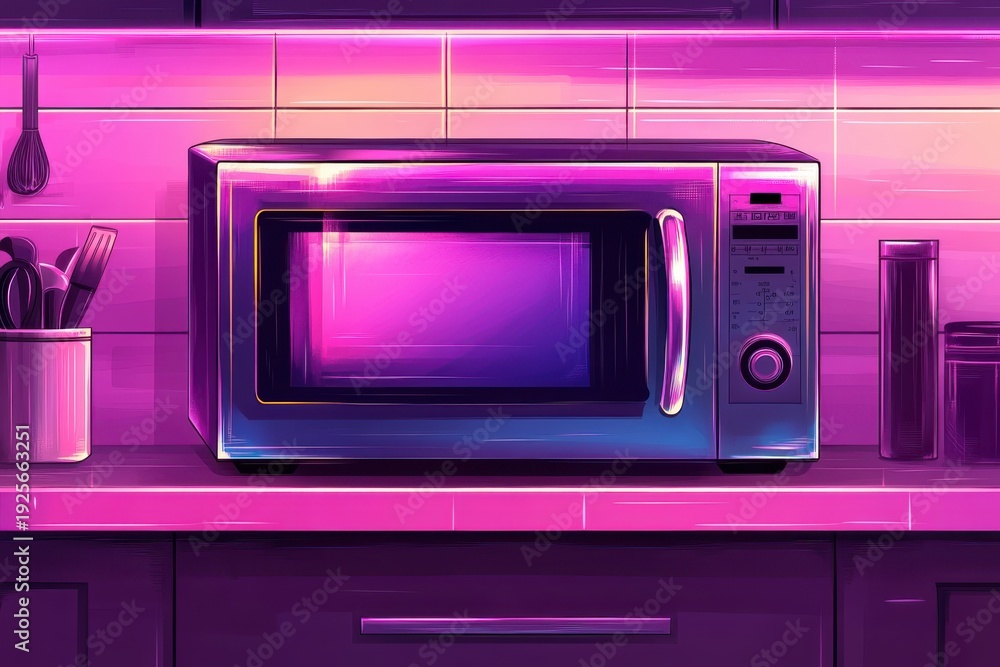 Obraz premium Futuristic Glowing Microwave in a Synthwave Kitchen
