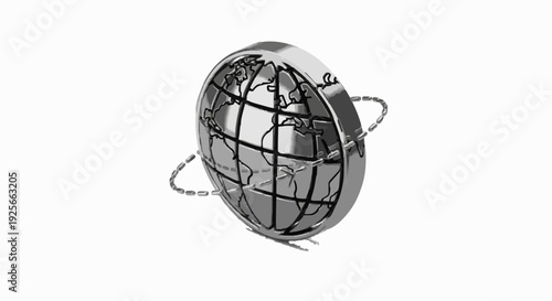 A shining 3D metallic globe, detailed with latitude and longitude, encircled by abstract dashed orbits, symbolizing worldwide connectivity, advanced communication, and digital networks