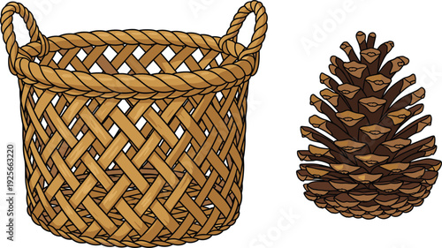 Rustic vector set featuring a hand-woven wicker basket with handles and a detailed brown pinecone isolated on a white background for design.
