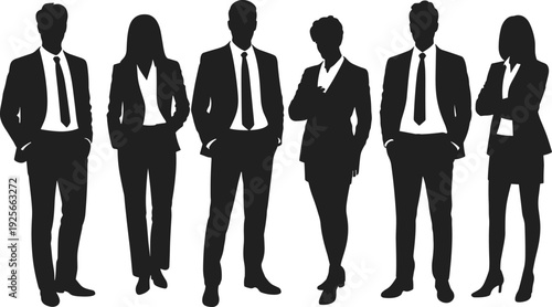 Six silhouettes of business people in formal attire standing in a row suits ties