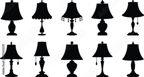 Ten black lamp silhouettes with different on a white background lamps