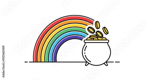 Colorful rainbow with gold coins spilling from a white pot on a plain background symbolizing luck and wealth