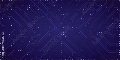 Deep blue circuit board pattern with bright blue lines and white square nodes symbolizing digital connectivity and advanced computing