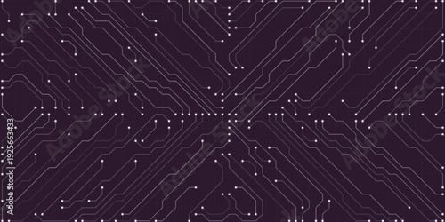 Dark Purple Circuit Board Pattern With White Dots And Lines Representing Digital Technology And Networks
