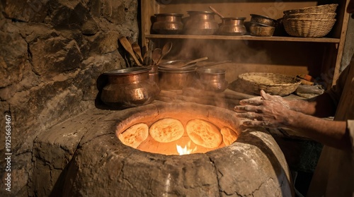 Traditional clay tandoor oven with baking naan, fire glow and flour