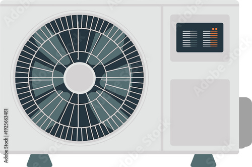 White air conditioning unit with large black fan and control panel on the side buttons