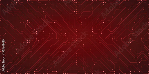 Deep red abstract digital circuit board pattern with bright lines and square nodes symbolizing technology and data transmission