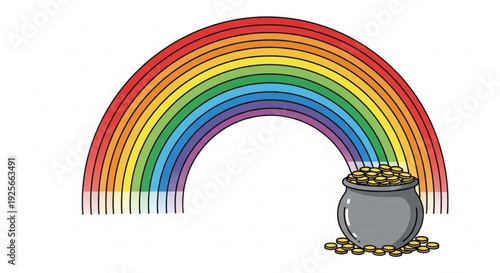 Colorful rainbow with pot of gold coins on white background symbolizing good luck and fortune