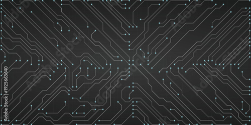 Futuristic circuit board pattern with glowing cyan nodes on a dark textured background representing technology and data flow