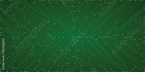 Green circuit board pattern abstract technology background with glowing lines and nodes for digital data and network concepts