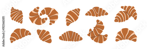 Set of brown croissants with layered stripes. French pastry icons for bakery menu, packaging and branding