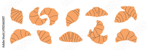 Set of minimal croissants in different shapes. French pastry icons for bakery menu and branding