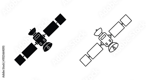Two satellite illustrations one black and one white featuring a distinct silhouette