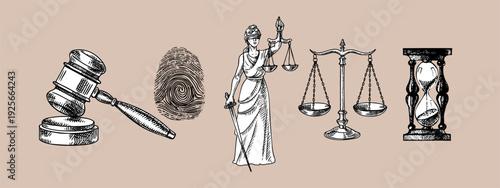 Sketch judicial law set. Themis lady justice, scales, fingerprint, gavel, hourglass. Engraved line style hand drawn vector illustration. Law, legal, court, arbitration, notary concept