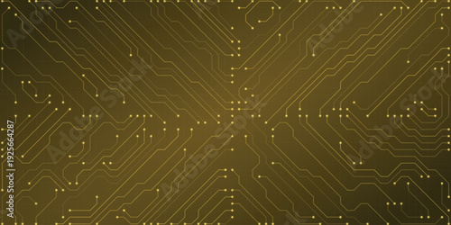 Vibrant yellow circuit board pattern with golden lines and small square nodes symbolizing energy flow and technological innovation