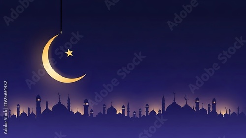 Evening moon crescent with star over silhouette of city buildings