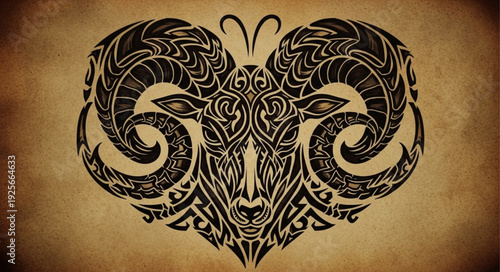 Tribal Aries Zodiac Symbol Ram Head Intricate Design.