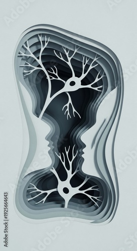 Layered Paper Cut Silhouette of Neural Network and Human Heads