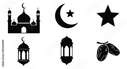 Islamic symbols including a mosque crescent moon and star in silhouette