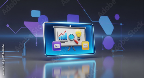 Tablet displaying financial charts and graphs with magnifying glass.