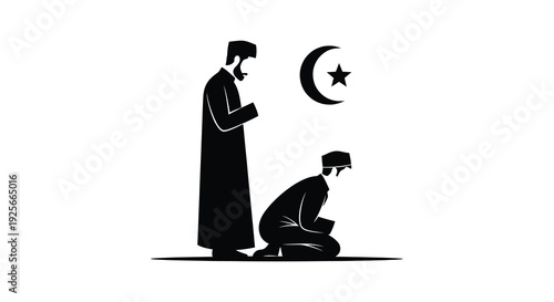 Muslim men in prayer with crescent moon a striking silhouette