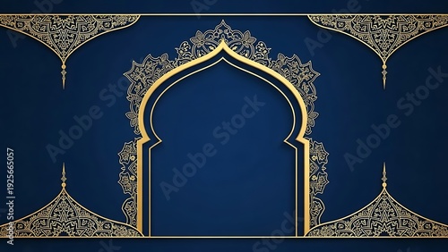 Elegant ornate arch design with intricate golden patterns on a blue background