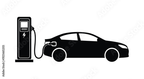 Electric vehicle charging at a station a modern transportation silhouette