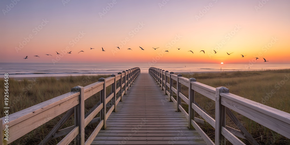 Obraz premium Wooden boardwalk leading to beach at sunset with birds flying overhead ocean view