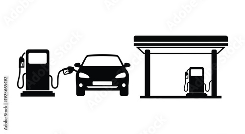 Black and white design of a car fulling at a station silhouette