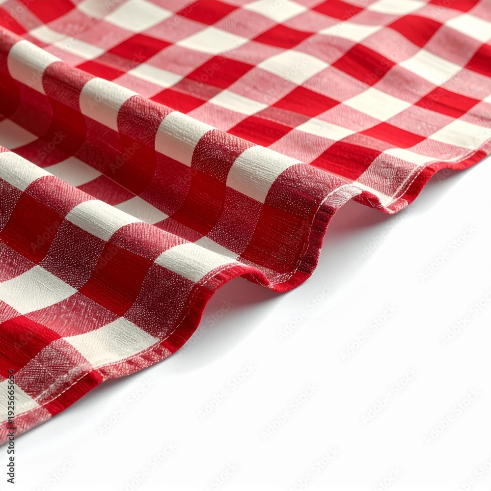 Fototapeta premium Red and White Gingham Checkered Tablecloth with Fold on White Background