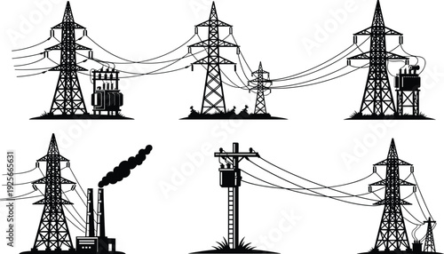 WebElectric power transmission towers and utility poles silhouettes, high voltage electricity pylons industrial power plant vector illustration, infrastructure energy supply.