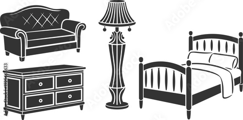 Black and white furniture set including a sofa, dresser, lamp, and bed