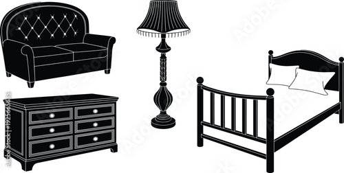 Black and white furniture set including a sofa, dresser, lamp, and bed 1