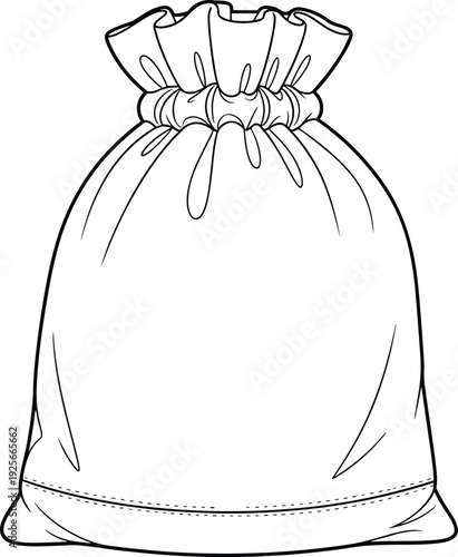 Drawstring pouch bag technical flat sketch, gathered dust bag CAD drawing, accessory storage vector illustration, cad drawing flat vector illustration.