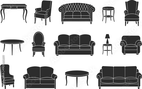 Black and white line of various vintage furniture pieces including sofas, chairs, tables, and desks