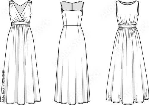 Women's evening maxi dress technical flat sketch, sleeveless formal gown CAD drawing, front and back view fashion vector illustration template.