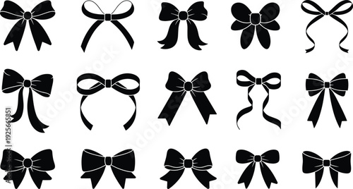 Collection of black and white bows with different styles and shapes on a white background ribbon