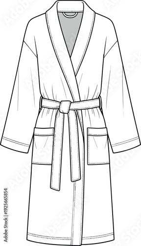 WebWomen's long spa bathrobe technical flat sketch, tie waist dressing gown CAD drawing, sleepwear fashion vector illustration, cad drawing flat vector illustration.