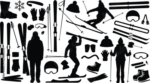 Black silhouettes of winter sports equipment and activities on white background