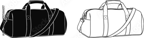 Unisex duffel gym bag technical flat sketch, travel luggage CAD drawing, sports bag vector illustration template, cad drawing flat vector illustration.