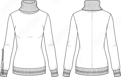 Women's ribbed turtleneck sweater technical flat sketch, long sleeve knit top CAD drawing, winter fashion vector illustration, cad drawing flat vector illustration.