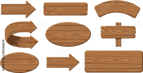 Collection of blank wooden signs and arrow pointers in various shapes including oval, rectangular, and curved designs isolated on a white background.