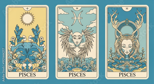 Pisces Zodiac Tarot Cards Illustration.