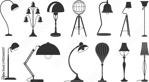 Collection of various black and white lamps with unique on a white background light fixtures desk lamps